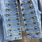 Women’s Military Officer Style Denim Jacket with Stand Collar