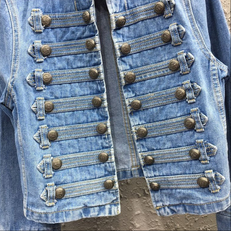 Women’s Military Officer Style Denim Jacket with Stand Collar