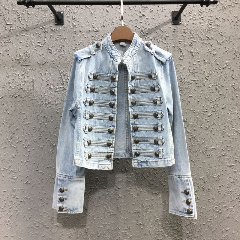 Women’s Military Officer Style Denim Jacket with Stand Collar