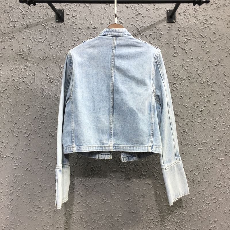 Women’s Military Officer Style Denim Jacket with Stand Collar