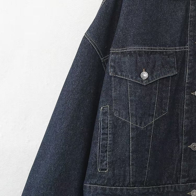 Women’s Dark Wash Denim Jacket with Turn-Up Cuffs