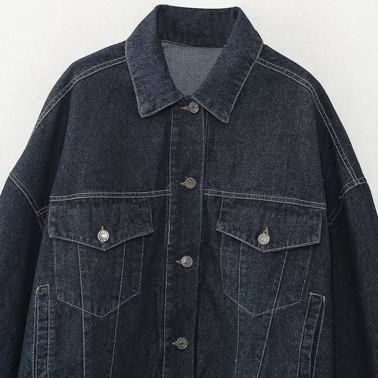 Women’s Dark Wash Denim Jacket with Turn-Up Cuffs