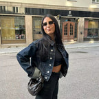 Women’s Dark Wash Denim Jacket with Turn-Up Cuffs