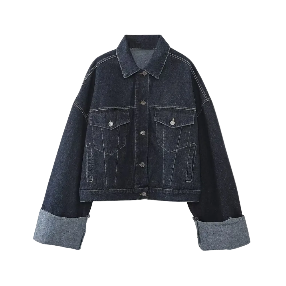 Women’s Dark Wash Denim Jacket with Turn-Up Cuffs