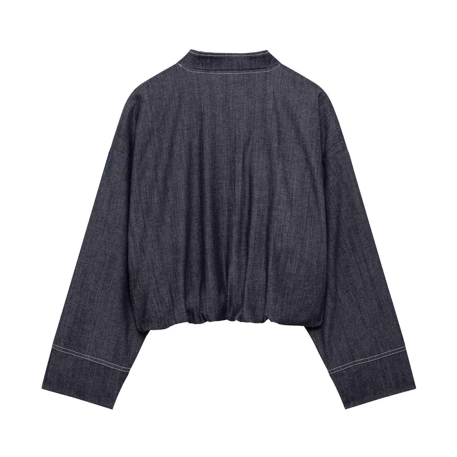 Women’s Oversized Denim Bomber Jacket with Zip Front