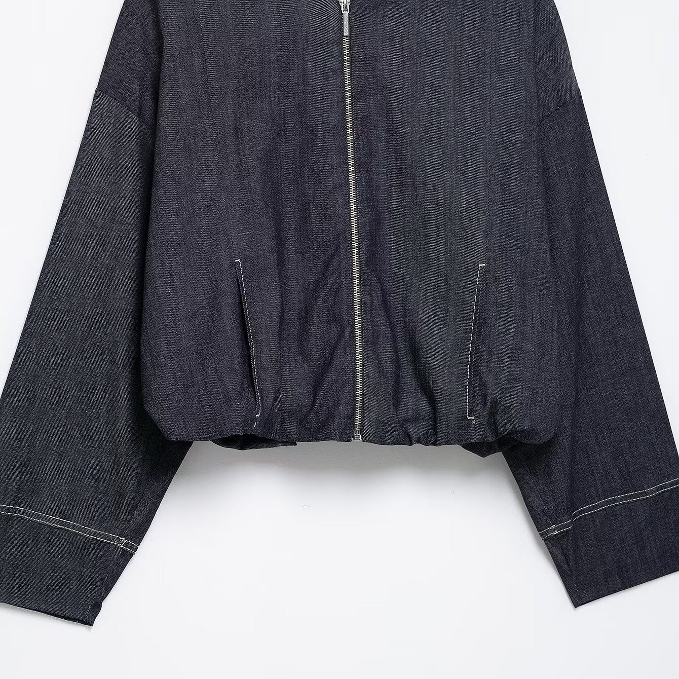 Women’s Oversized Denim Bomber Jacket with Zip Front