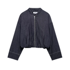 Women’s Oversized Denim Bomber Jacket with Zip Front