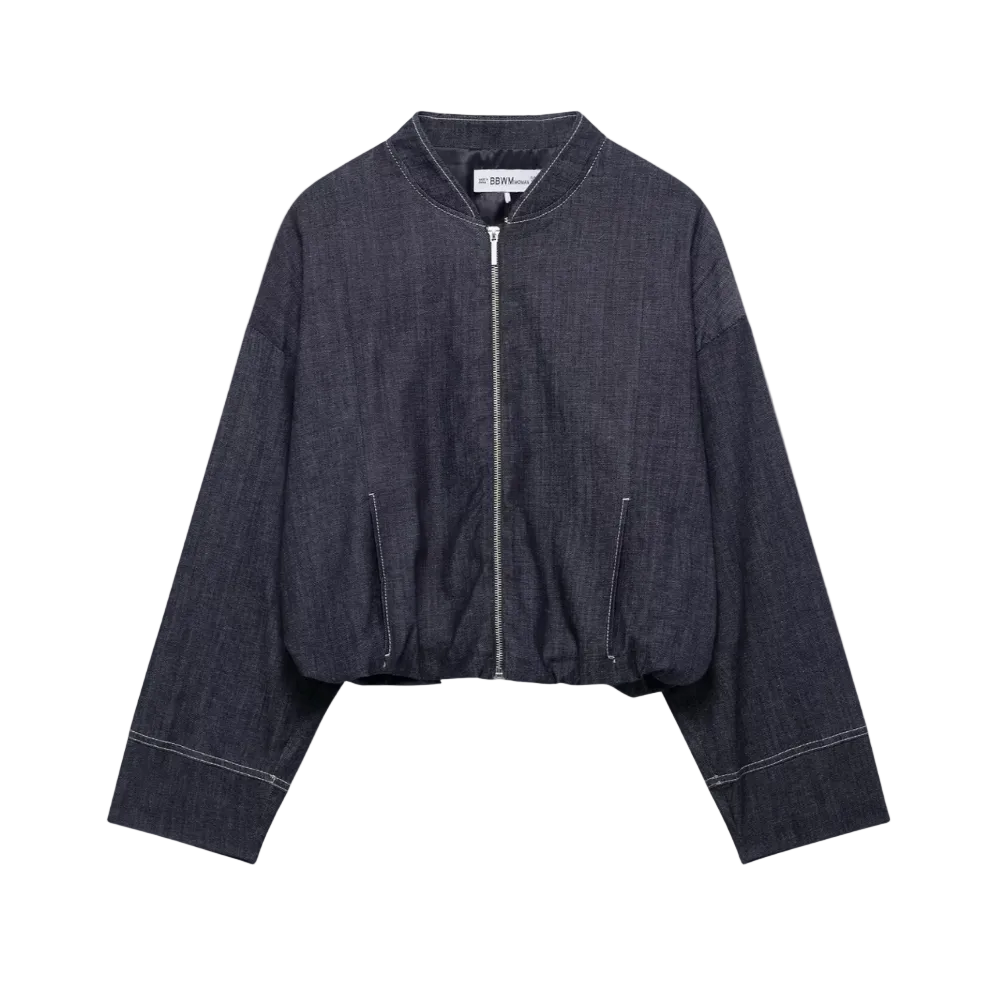Women’s Oversized Denim Bomber Jacket with Zip Front