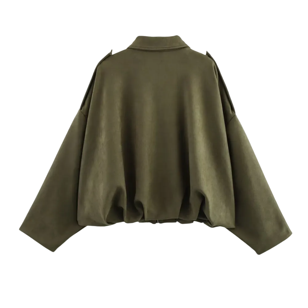 Women’s Oversized Faux Suede Bomber Jacket with Collar