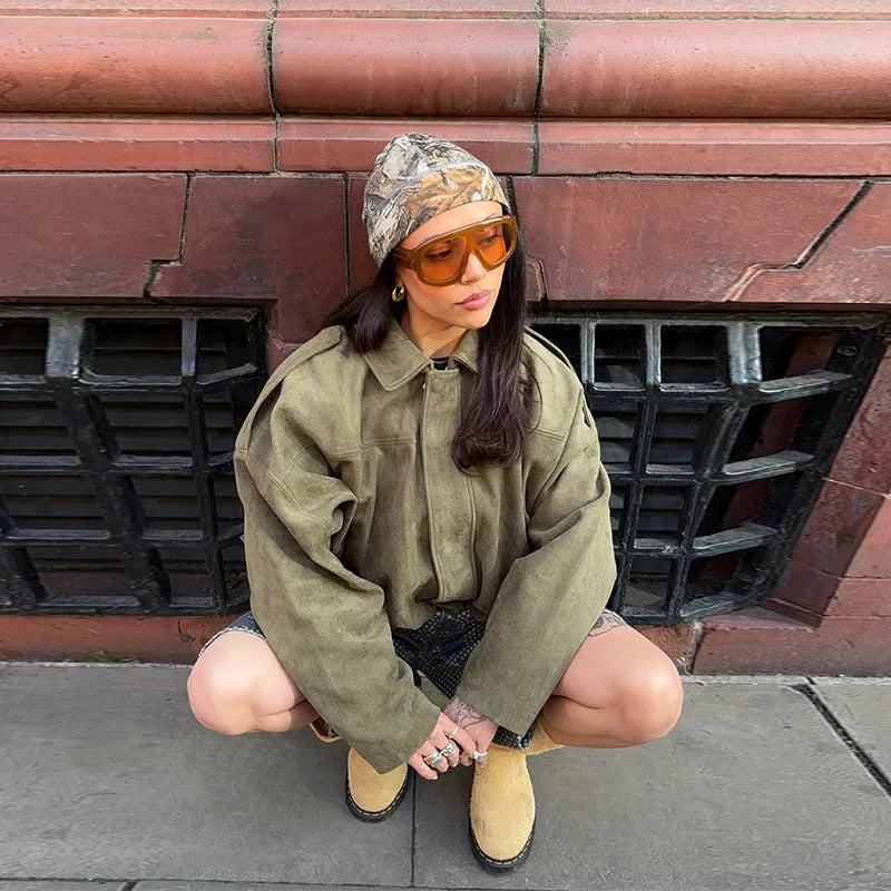 Women’s Oversized Faux Suede Bomber Jacket with Collar