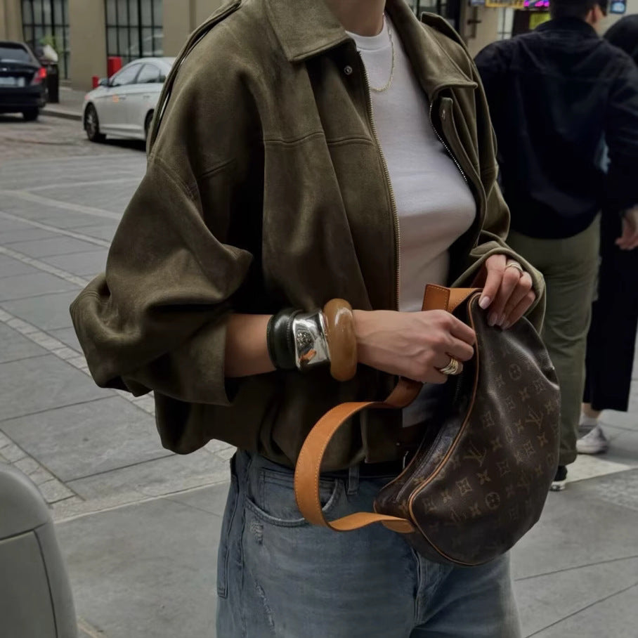 Women’s Oversized Faux Suede Bomber Jacket with Collar