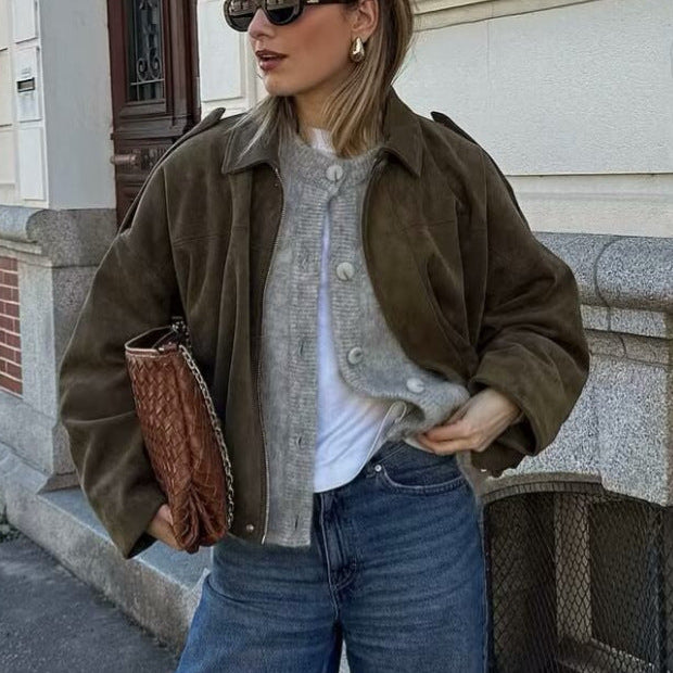 Women’s Oversized Faux Suede Bomber Jacket with Collar