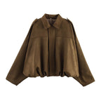 Women’s Oversized Faux Suede Bomber Jacket with Collar