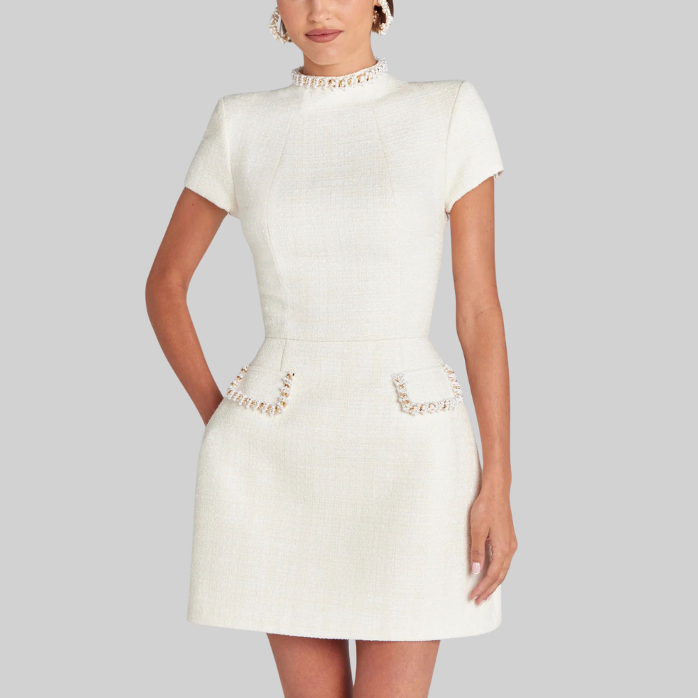 Women’s Pearl Detail Mini Dress with Short Sleeves