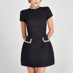 Women’s Pearl Detail Mini Dress with Short Sleeves