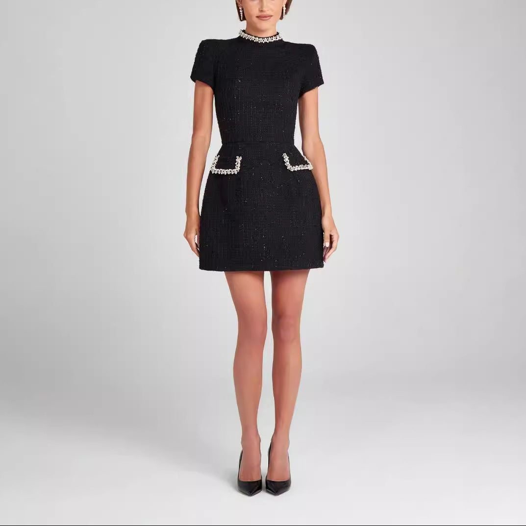 Women’s Pearl Detail Mini Dress with Short Sleeves