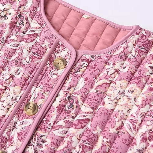 Women’s Pink Quilted Jacket with Floral Print