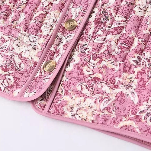 Women’s Pink Quilted Jacket with Floral Print