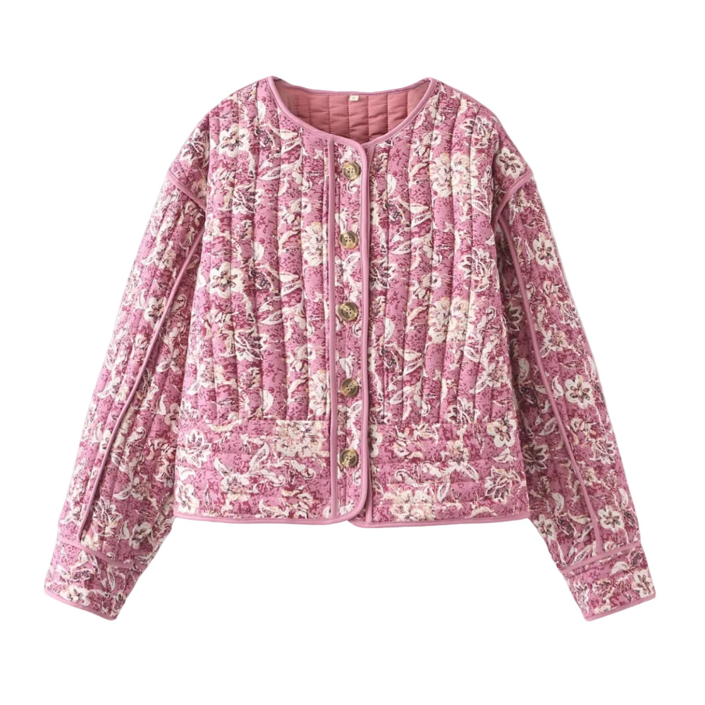 Women’s Pink Quilted Jacket with Floral Print
