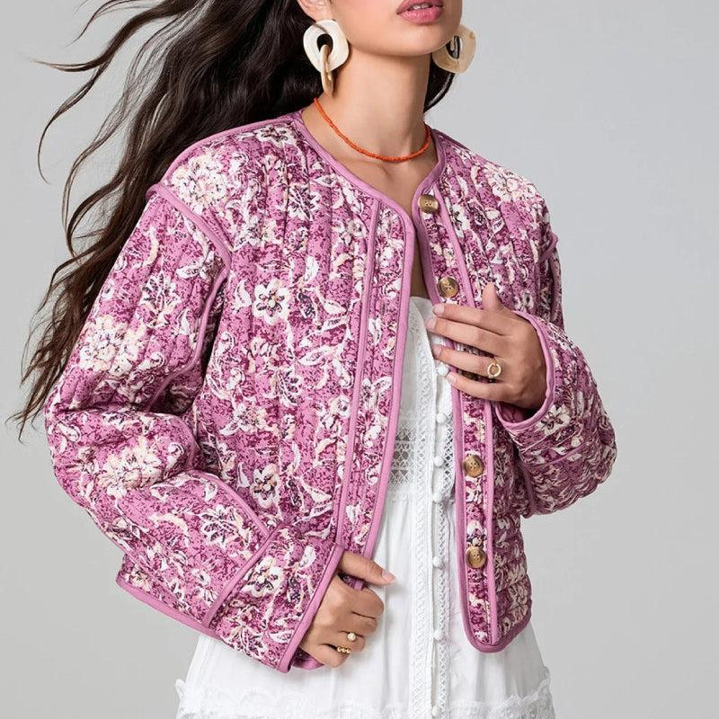 Women’s Pink Quilted Jacket with Floral Print