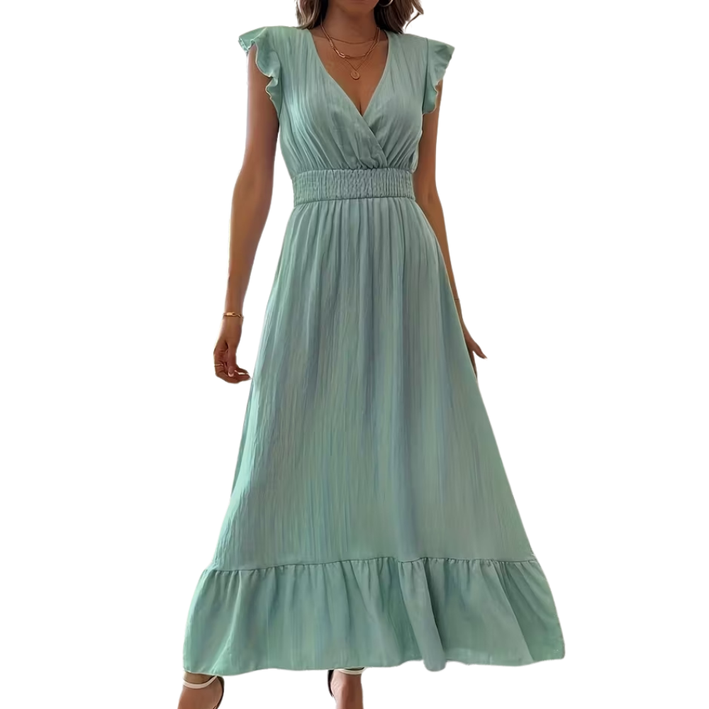Women’s Pleated Maxi Dress with V Neck and Flutter Sleeves