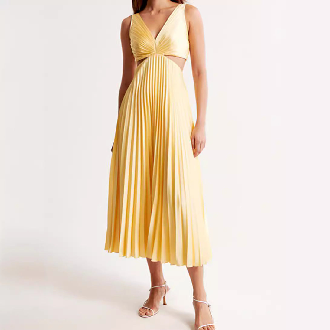 Women’s Pleated Midi Dress with V Neck and Cut Out Waist