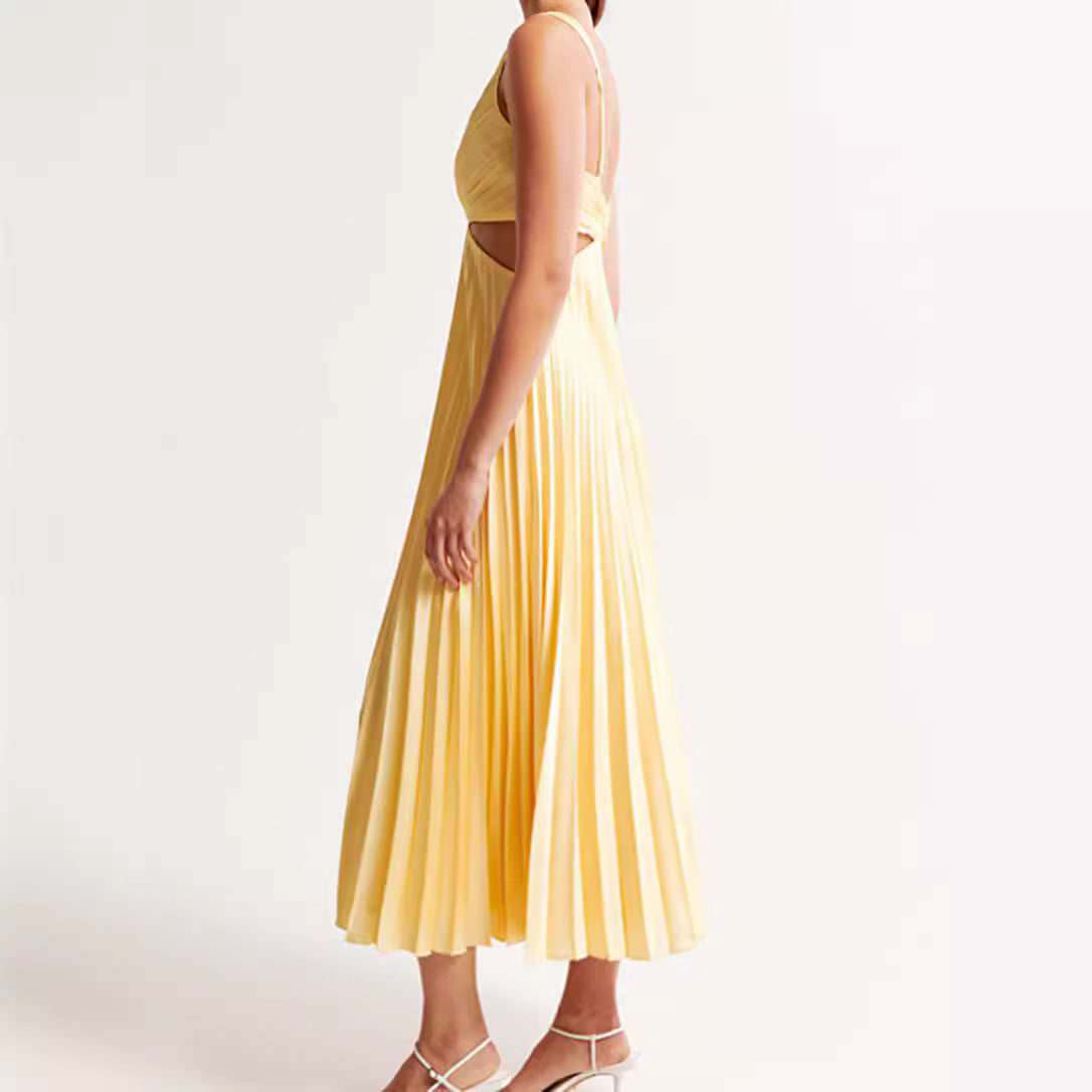 Women’s Pleated Midi Dress with V Neck and Cut Out Waist