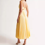 Women’s Pleated Midi Dress with V Neck and Cut Out Waist