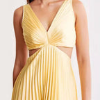 Women’s Pleated Midi Dress with V Neck and Cut Out Waist