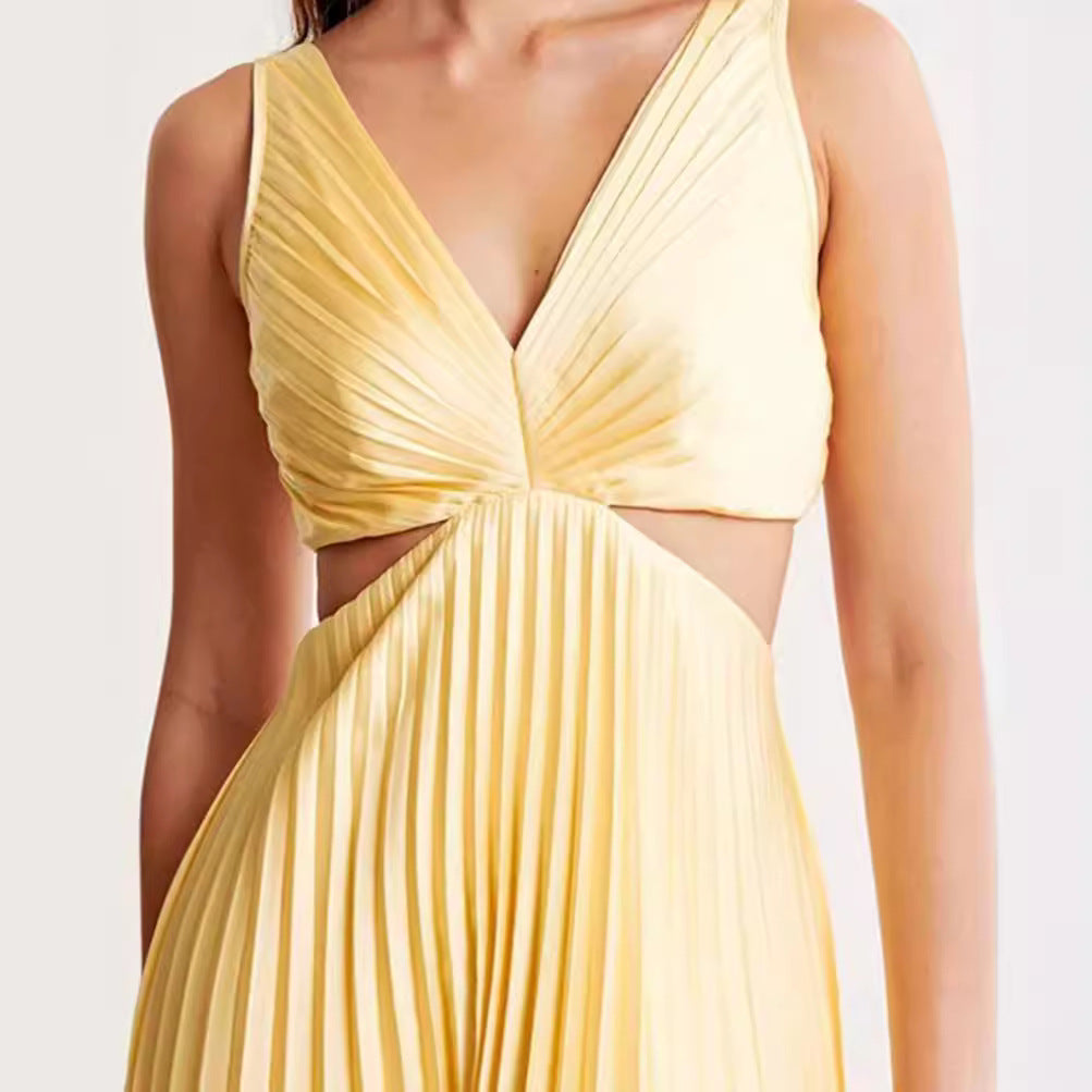 Women’s Pleated Midi Dress with V Neck and Cut Out Waist