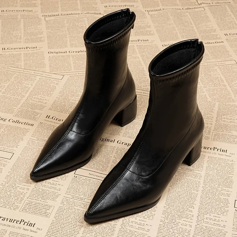 Women’s Pointed Toe Block Heel PU Leather Ankle Boots