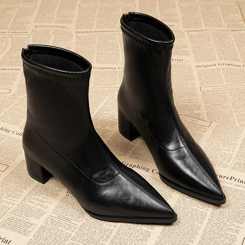 Women’s Pointed Toe Block Heel PU Leather Ankle Boots