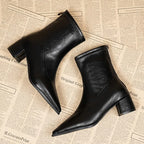Women’s Pointed Toe Block Heel PU Leather Ankle Boots