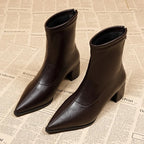 Women’s Pointed Toe Block Heel PU Leather Ankle Boots