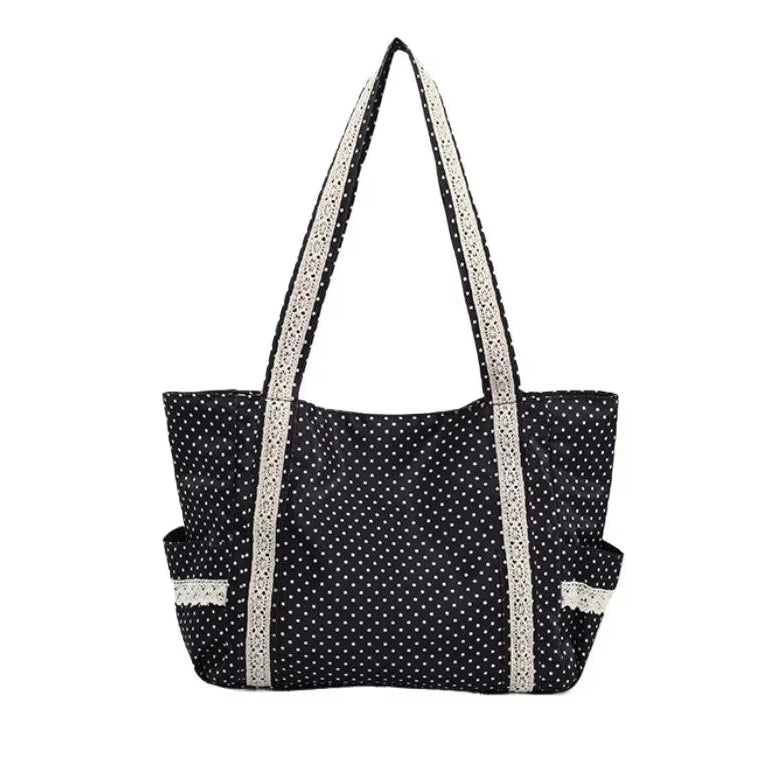 Women’s Polka Dot Canvas Shoulder Tote Bag with Multiple Pockets