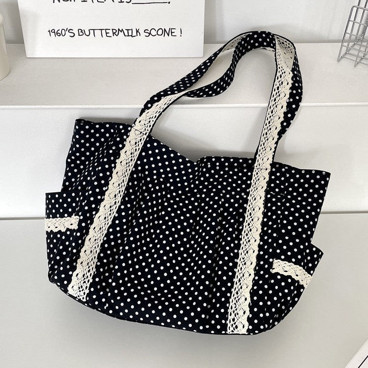 Women’s Polka Dot Canvas Shoulder Tote Bag with Multiple Pockets