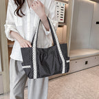 Women’s Polka Dot Canvas Shoulder Tote Bag with Multiple Pockets