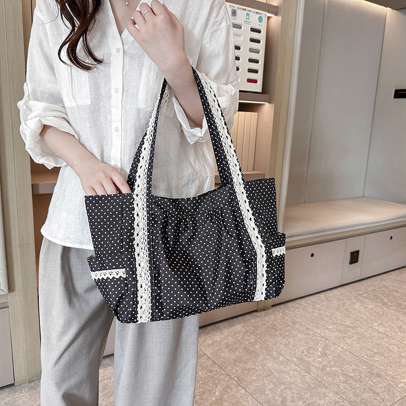 Women’s Polka Dot Canvas Shoulder Tote Bag with Multiple Pockets