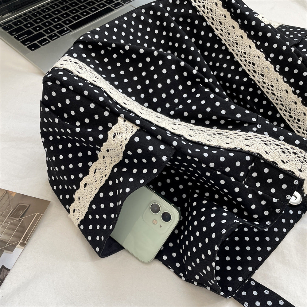 Women’s Polka Dot Canvas Shoulder Tote Bag with Multiple Pockets