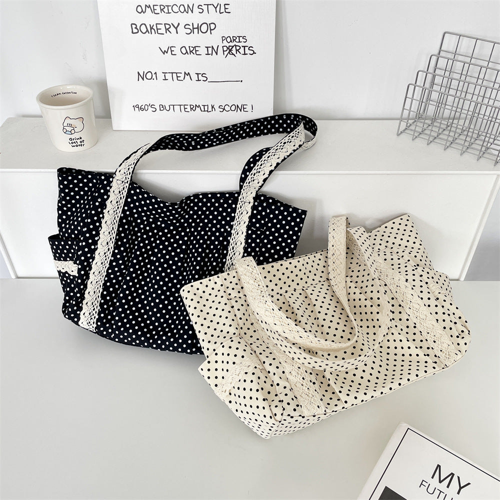 Women’s Polka Dot Canvas Shoulder Tote Bag with Multiple Pockets
