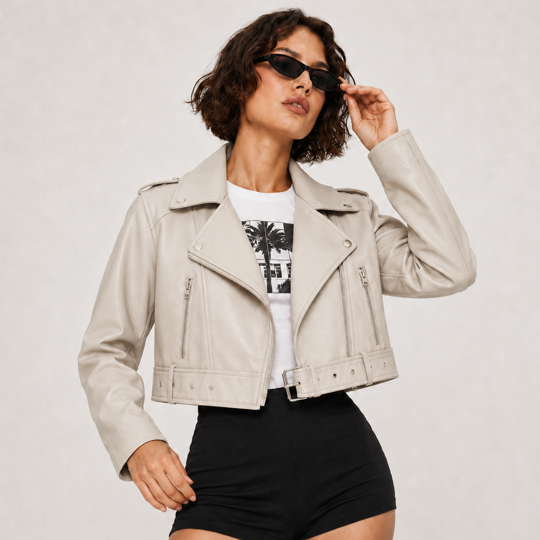 Women’s PU Leather Cropped Biker Style Jacket
