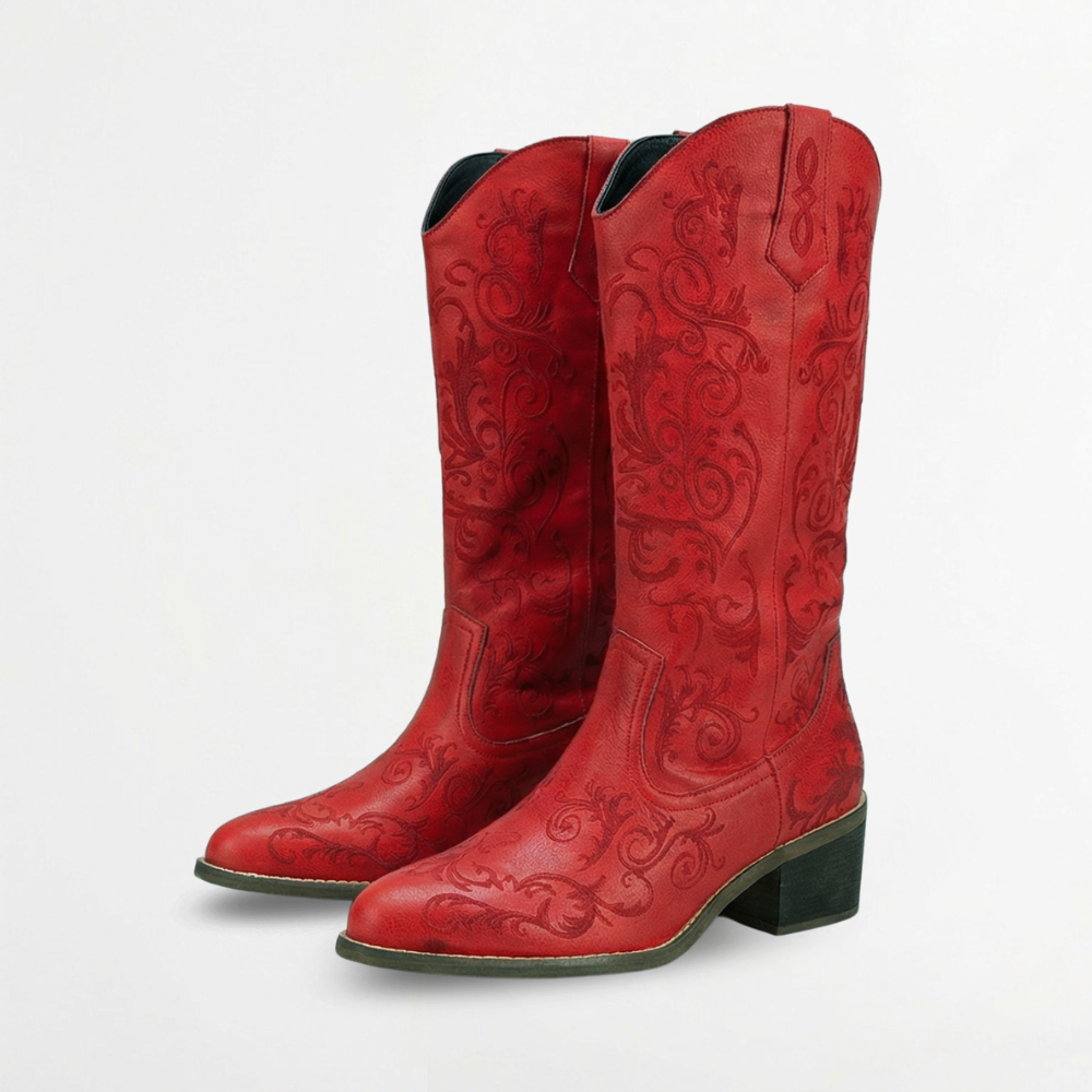 Women’s Red Embroidered Western Cowboy Boots with Block Heel