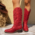 Women’s Red Embroidered Western Cowboy Boots with Block Heel
