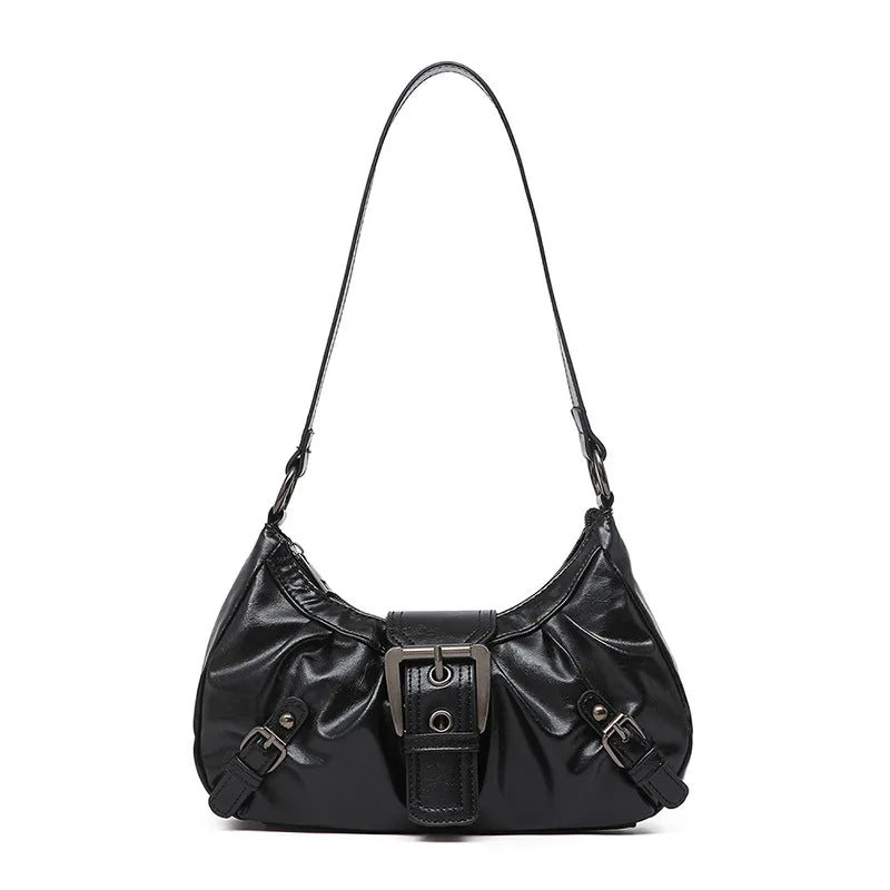 Women’s Retro Pleated Hobo Shoulder Bag with Buckle Detail