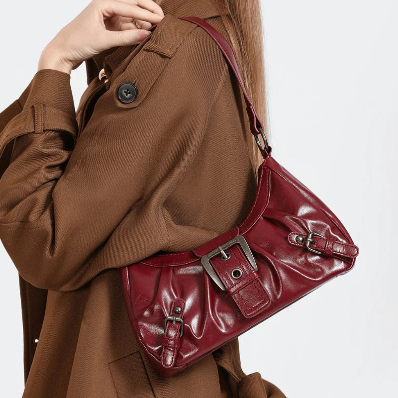 Women’s Retro Pleated Hobo Shoulder Bag with Buckle Detail