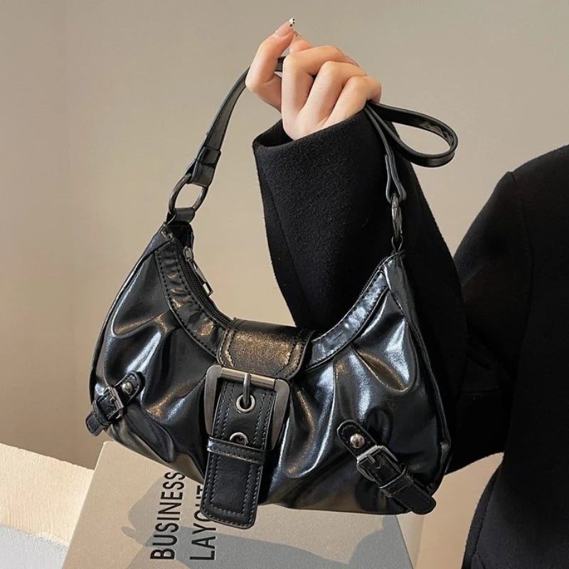 Women’s Retro Pleated Hobo Shoulder Bag with Buckle Detail