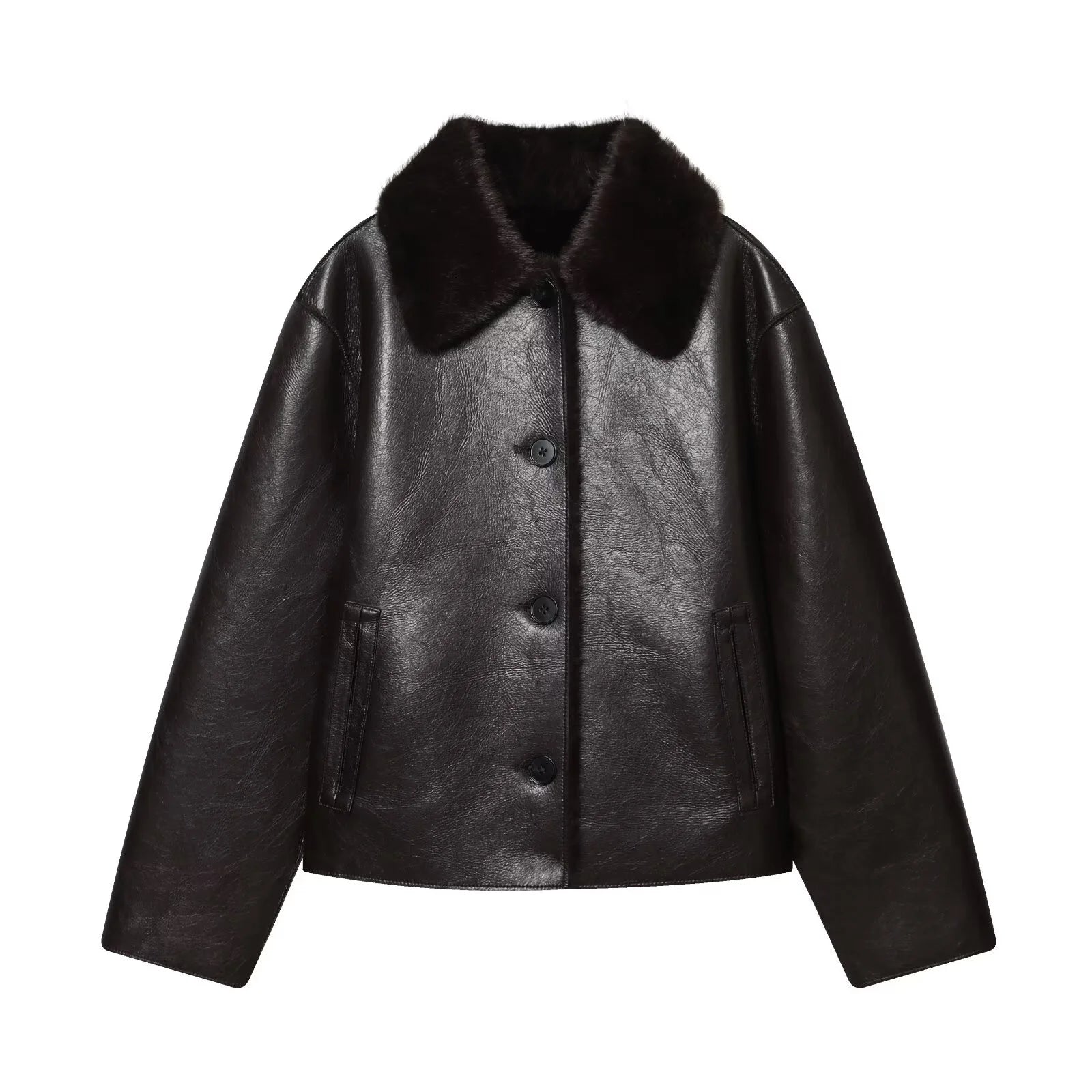 Women’s Reversible Winter PU Leather Jacket with Faux Fur