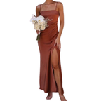 Women’s Satin Bridesmaid Maxi Dress with Spaghetti Straps and Side Slit