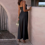 Women’s Satin Bridesmaid Maxi Dress with Spaghetti Straps and Side Slit