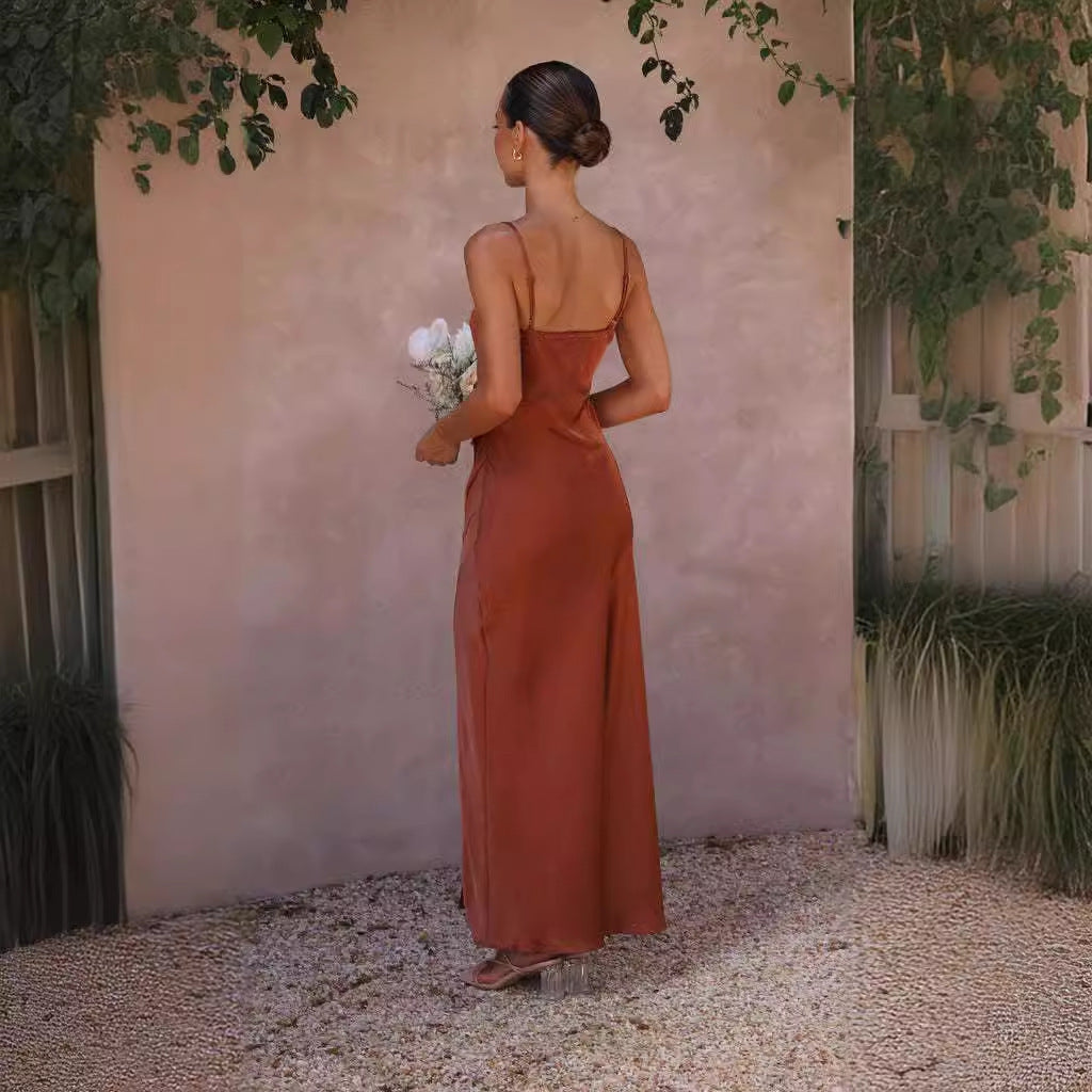 Women’s Satin Bridesmaid Maxi Dress with Spaghetti Straps and Side Slit